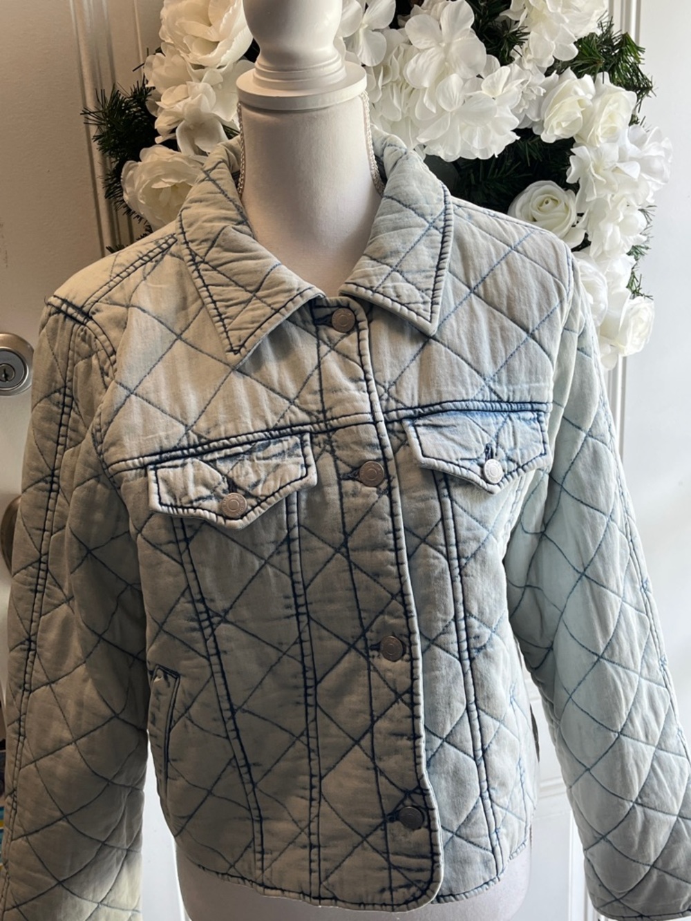 Marc New York Quilted Acid Wash Light Blue Jacket with Denim-Trim. Sz L NWT